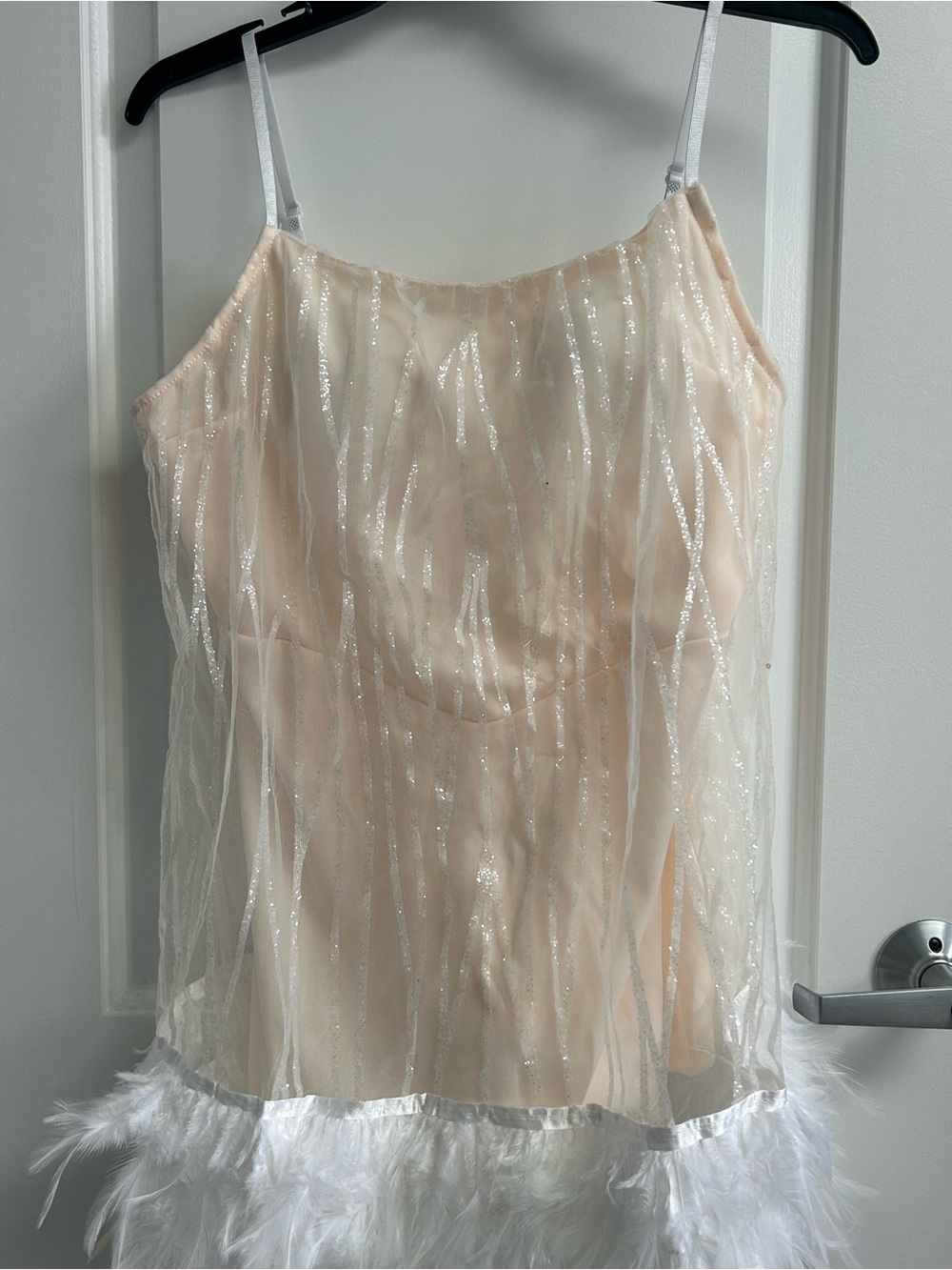 SHEIN Nude and White Glitter Sheer Camisole with Feather Hem